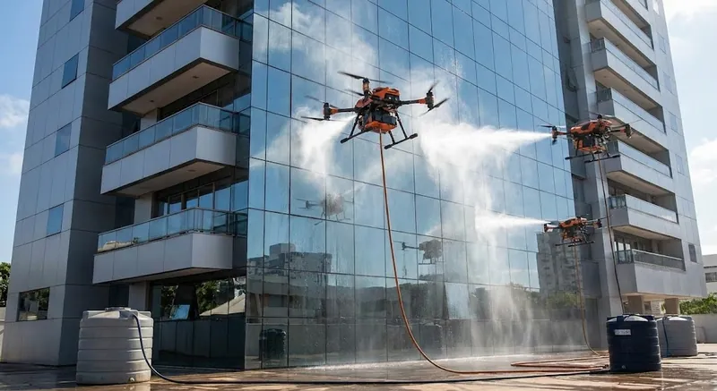 Drone de limpeza lavando a fachada de um edifício