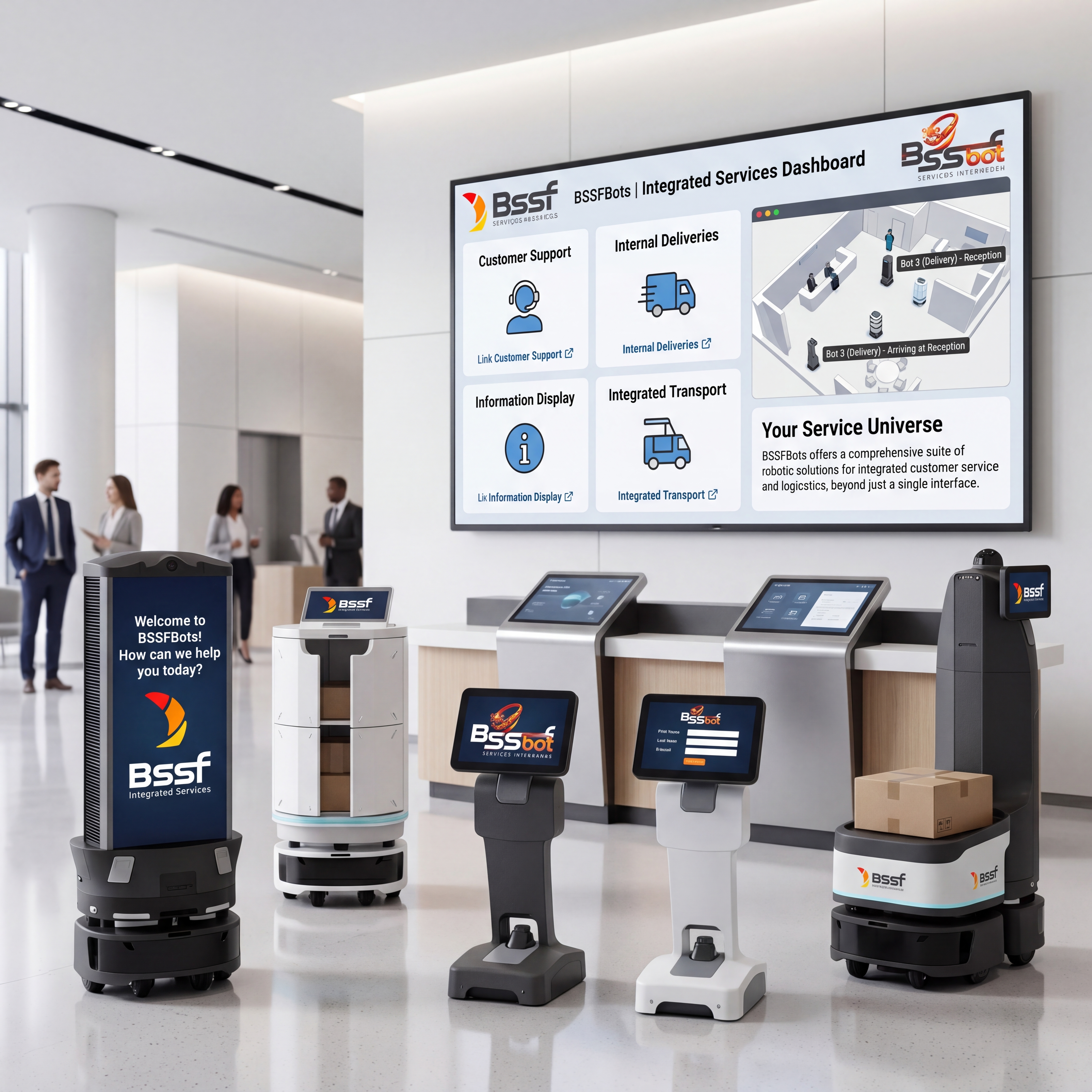 Linha BSSF Bot em operação — Reception, Delivery, Customer Support, Internal Transport